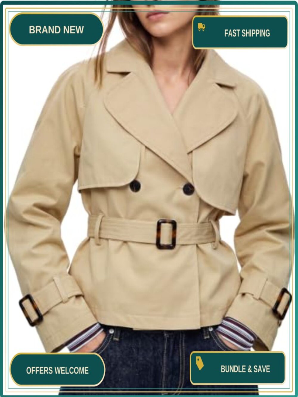 Women Cropped Trench Coat Double Breasted Belted Jacket